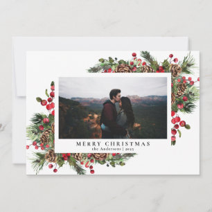 Elegant Watercolor Minimal 1 Photo Merry Christmas Holiday Card
