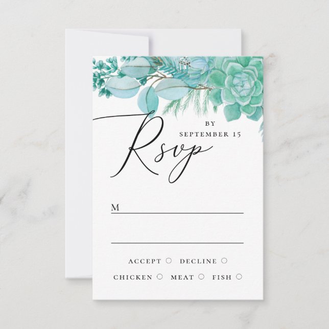 Elegant watercolor mint floral succulents wedding RSVP card (Front)