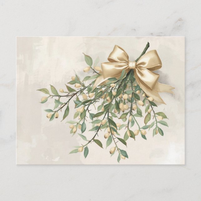 Elegant Watercolor Mistletoe and Gold Bow Holiday Postcard (Front)