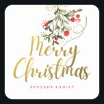 Elegant Watercolor Mistletoe Gold Merry Christmas Square Sticker<br><div class="desc">Trendy Christmas stickers with an elegant watercolor mistletoe print . Personalise with family name.</div>