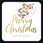 Elegant Watercolor Mistletoe Gold Merry Christmas Square Sticker<br><div class="desc">Trendy Christmas stickers with an elegant watercolor mistletoe print . Personalise with family name.</div>