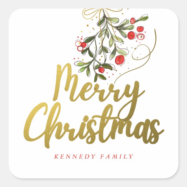 Elegant Watercolor Mistletoe Gold Merry Christmas Square Sticker (Front)