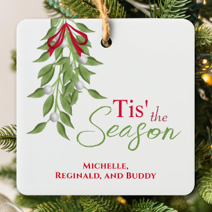 Elegant Watercolor Mistletoe Personalised Family Ceramic Ornament