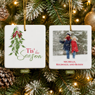 Elegant Watercolor Mistletoe Personalised Photo Ceramic Ornament