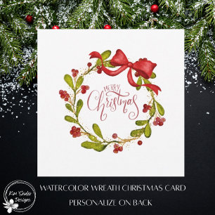 Elegant Watercolor Mistletoe Wreath and Bow Holiday Card