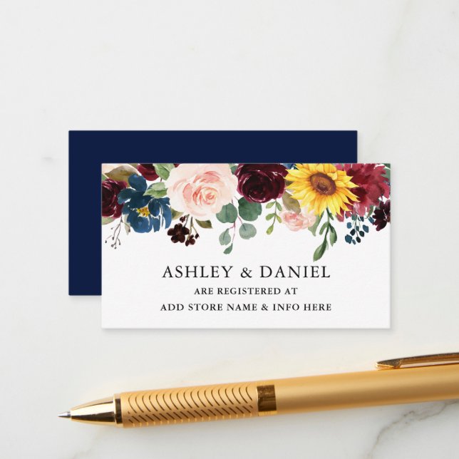 Elegant Watercolor Mixed Floral Blue Registry Enclosure Card (Front/Back In Situ)