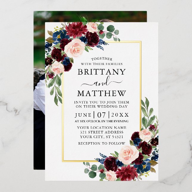 Elegant Watercolor Mixed Floral Photo Wedding Gold (Front/Back)