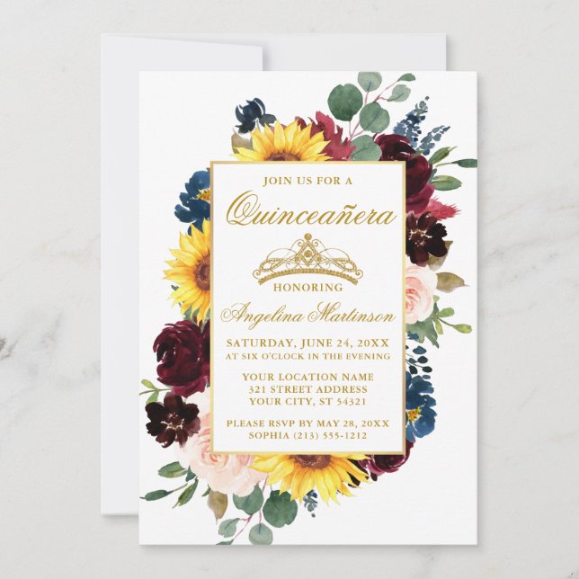 Elegant Watercolor Mixed Floral Quinceanera Gold Invitation (Front)