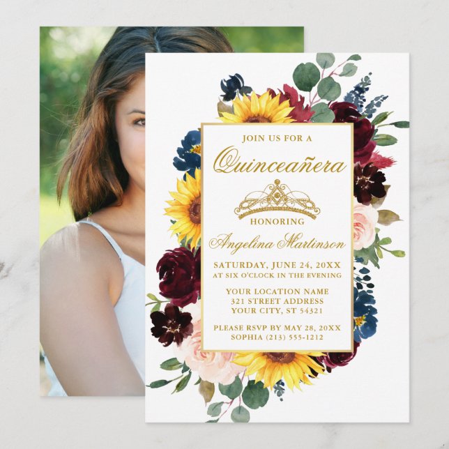 Elegant Watercolor Mixed Floral Quinceanera Photo Invitation (Front/Back)