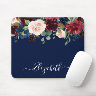 Elegant Watercolor Mixed Floral Trendy Script Blue Mouse Mat