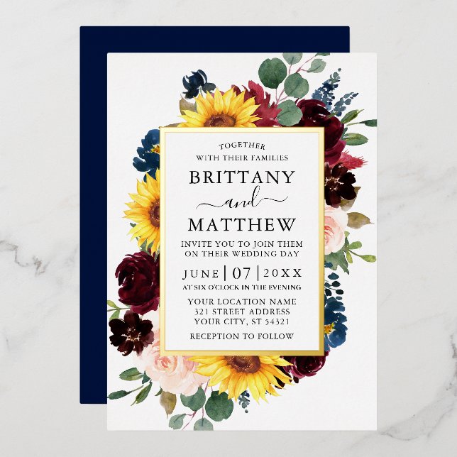 Elegant Watercolor Mixed Floral Wedding Blue Gold (Front/Back)
