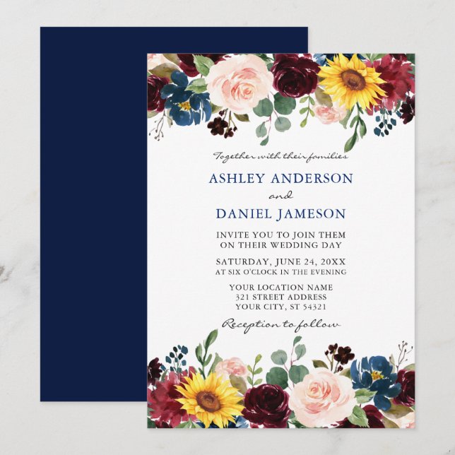 Elegant Watercolor Mixed Floral Wedding Blue Invitation (Front/Back)