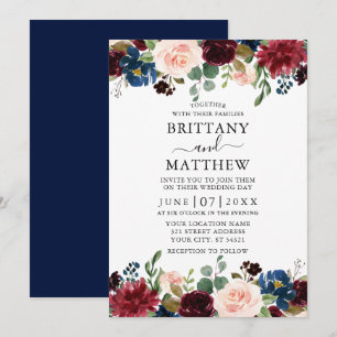 Elegant Watercolor Mixed Floral Wedding Blue Invitation