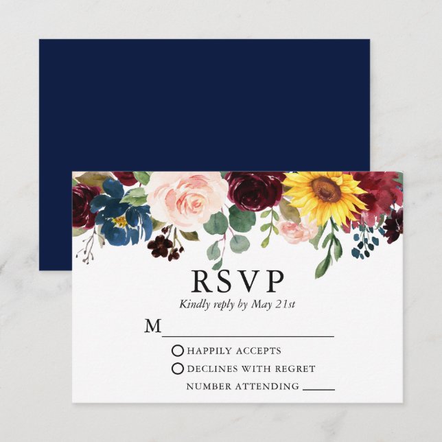 Elegant Watercolor Mixed Floral Wedding Blue RSVP Card (Front/Back)