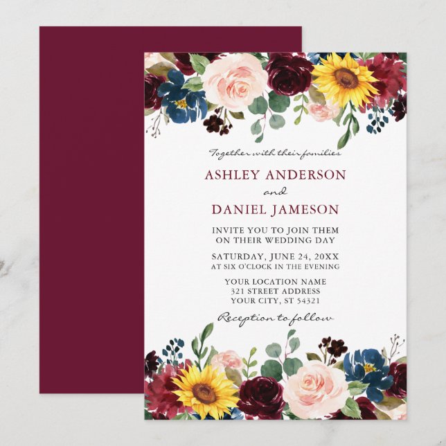 Elegant Watercolor Mixed Floral Wedding Burgundy Invitation (Front/Back)