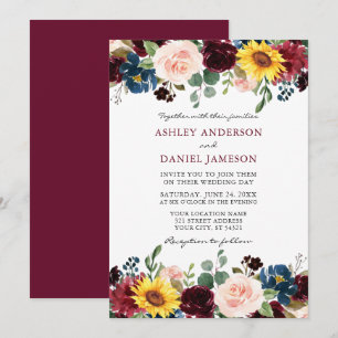 Elegant Watercolor Mixed Floral Wedding Burgundy Invitation