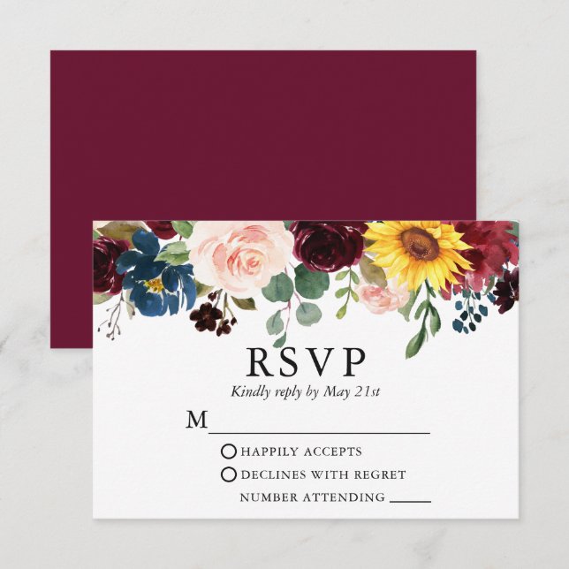 Elegant Watercolor Mixed Floral Wedding Burgundy RSVP Card (Front/Back)
