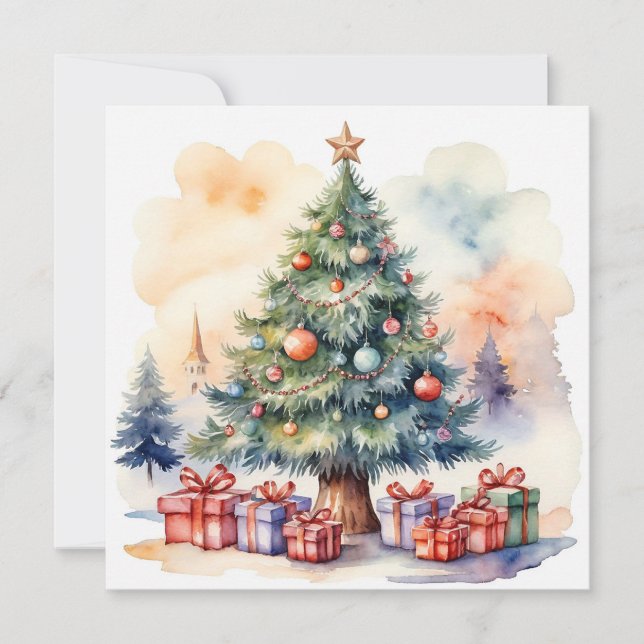 Elegant Watercolor Modern Merry Christmas Tree Holiday Card (Front)