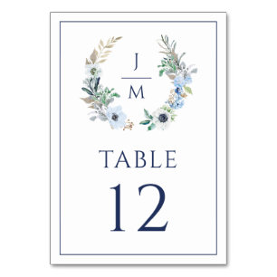 Elegant Watercolor Monogram Floral Wreath Wedding Table Number