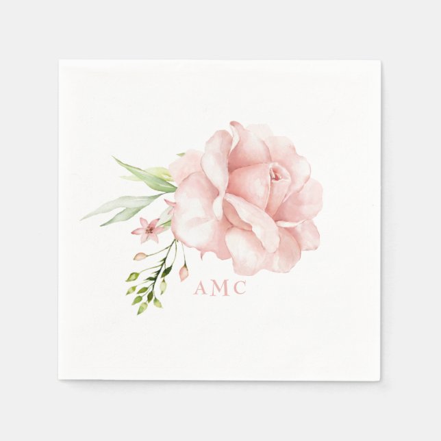 Elegant Watercolor Monogram Pink Floral Cocktail Napkin (Front)