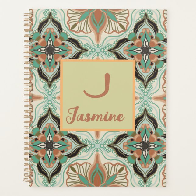 Elegant Watercolor Moroccan Green Floral Planner (Front)