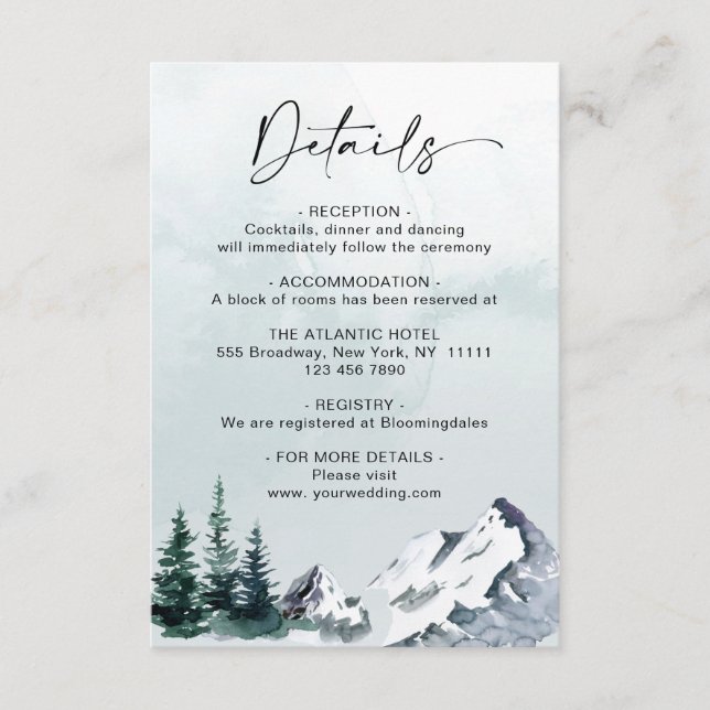 Elegant Watercolor Mountain Forest Details  Enclosure Card (Front)