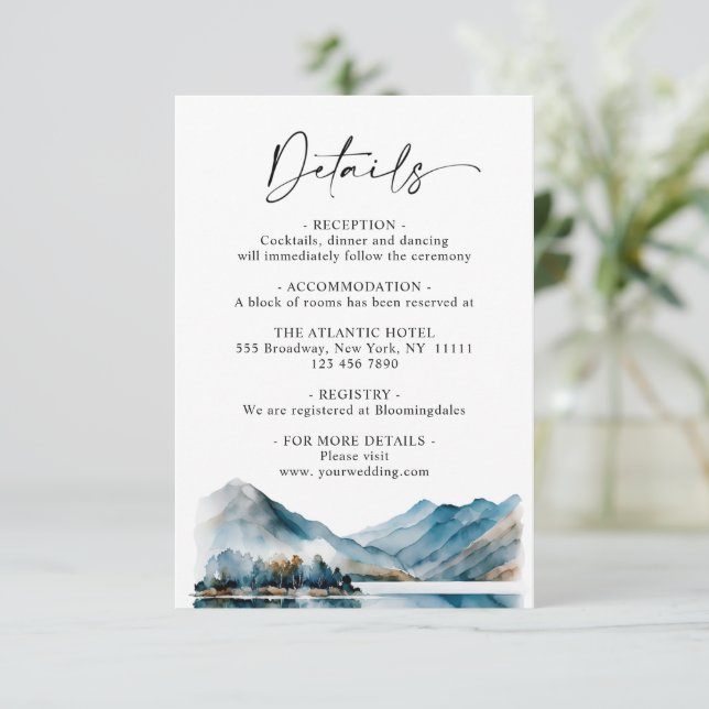 Elegant Watercolor Mountain Forest Details Enclosure Card (Standing Front)