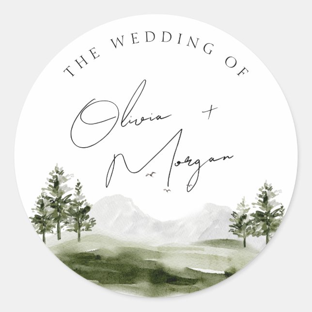 Elegant Watercolor Mountain Forest Wedding Classic Round Sticker (Front)