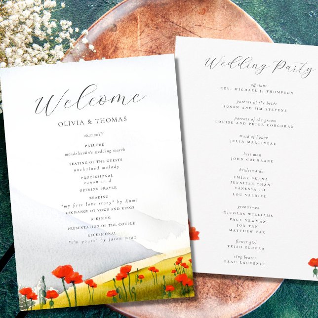 Elegant Watercolor Mountain Poppies Floral Wedding Programme (Creator Uploaded)