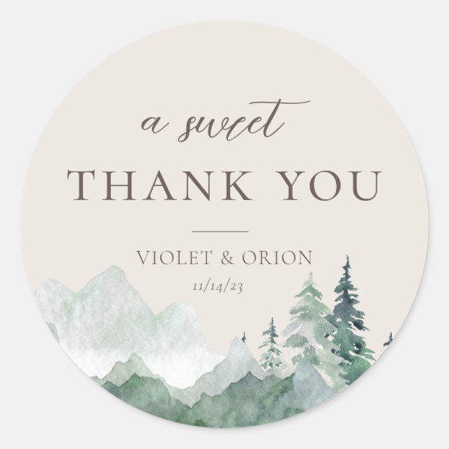 Elegant Watercolor Mountain Wedding Favour Sticker (Front)