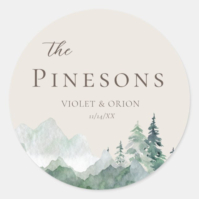 Elegant Watercolor Mountain Wedding Favour Sticker (Front)