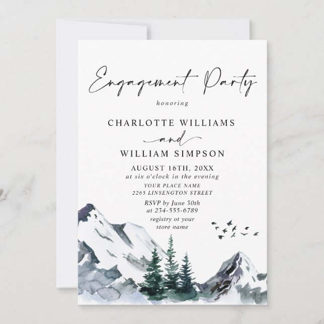 Elegant Watercolor Mountains Engagement Party  Invitation (Front)