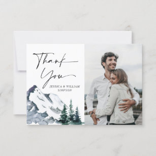 Elegant Watercolor Mountains Forest PHOTO Wedding  Thank You Card