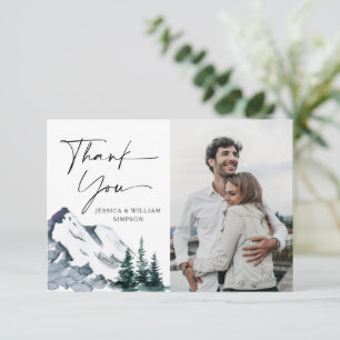 Elegant Watercolor Mountains Forest PHOTO Wedding  Thank You Card