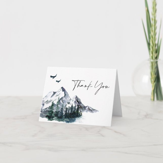 Elegant Watercolor Mountains Forest Thank You Card (Front)