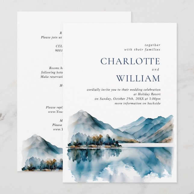 Elegant Watercolor Mountains Forest Wedding Invitation (Front/Back)
