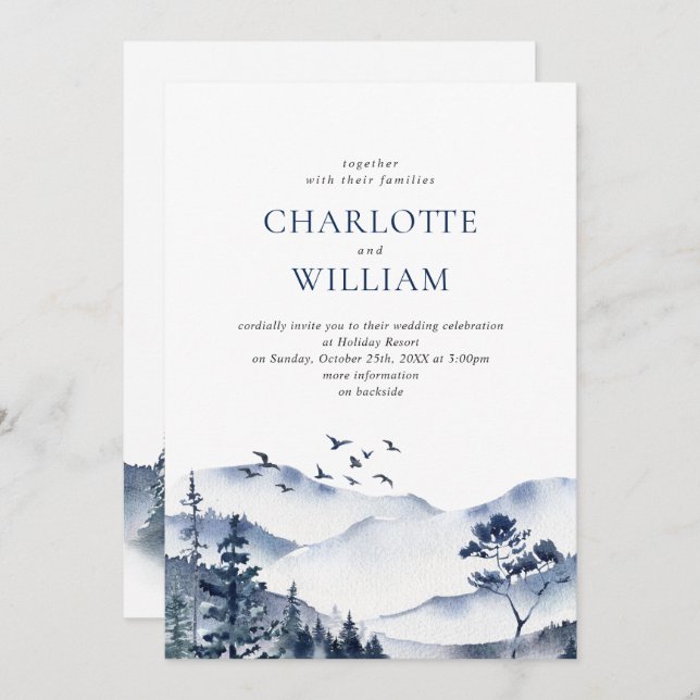Elegant Watercolor Mountains Forest Wedding Invitation (Front/Back)