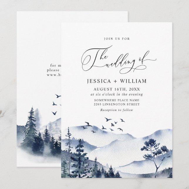 Elegant Watercolor Mountains Forest Wedding Invitation (Front/Back)