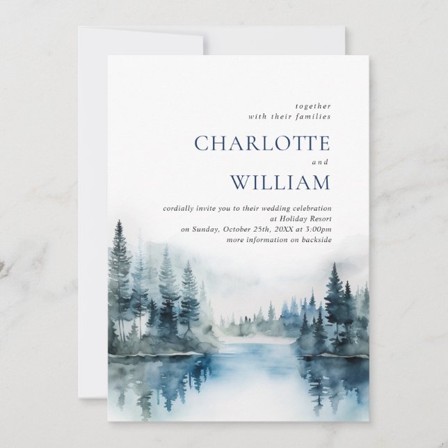 Elegant Watercolor Mountains Forest Wedding Invitation (Front)