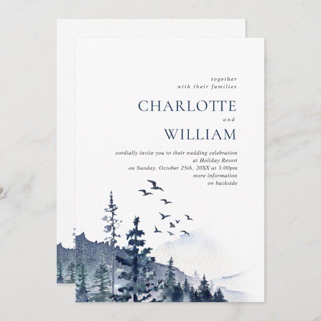 Elegant Watercolor Mountains Forest Wedding Invitation (Front/Back)