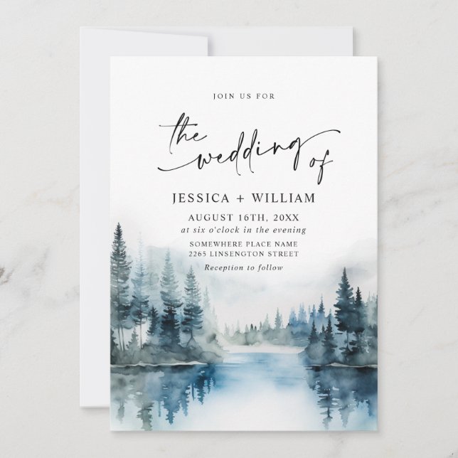 Elegant Watercolor Mountains Forest Wedding Invitation (Front)