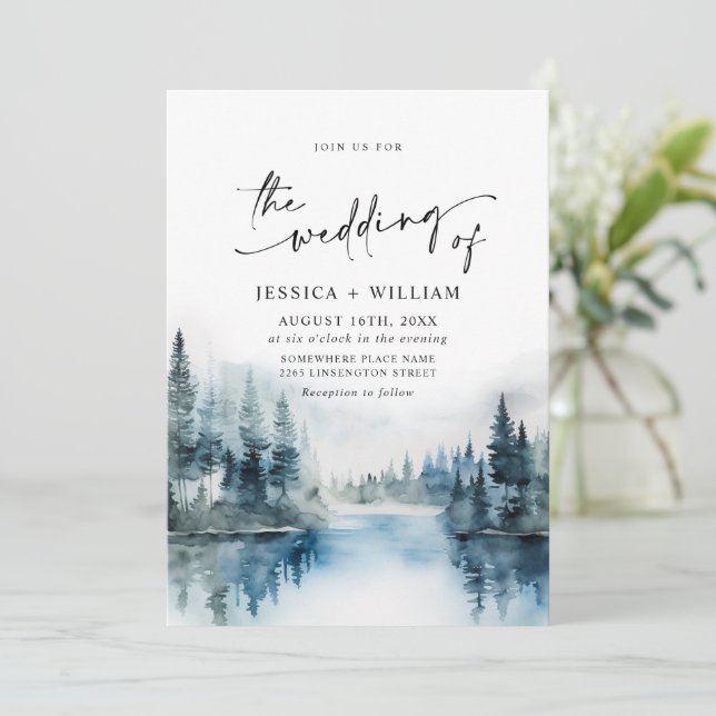 Elegant Watercolor Mountains Forest Wedding Invitation (Standing Front)