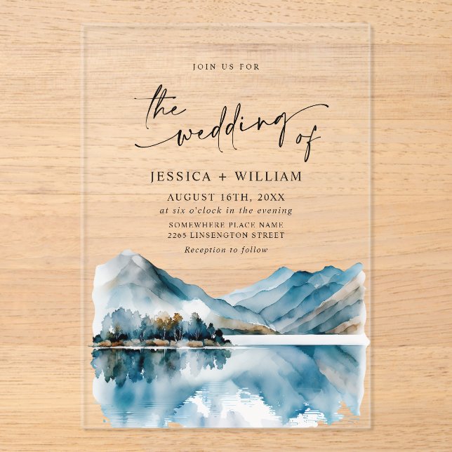 Elegant Watercolor Mountains Forest Wedding Photo Acrylic Invitations (Front)
