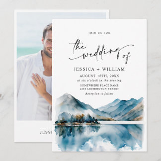 Elegant Watercolor Mountains Forest Wedding Photo Invitation