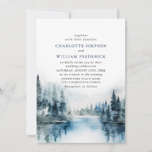 Elegant Watercolor Mountains Forest Wedding Photo Invitation