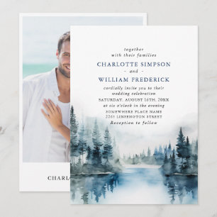Elegant Watercolor Mountains Forest Wedding Photo Invitation