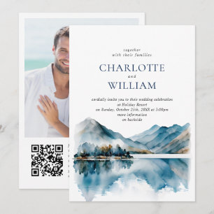 Elegant Watercolor Mountains Forest Wedding Photo Invitation