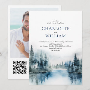 Elegant Watercolor Mountains Forest Wedding Photo Invitation