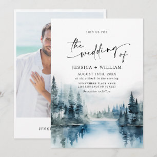 Elegant Watercolor Mountains Forest Wedding Photo Invitation