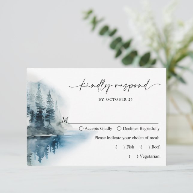 Elegant Watercolor Mountains Forest Wedding RSVP Card (Standing Front)